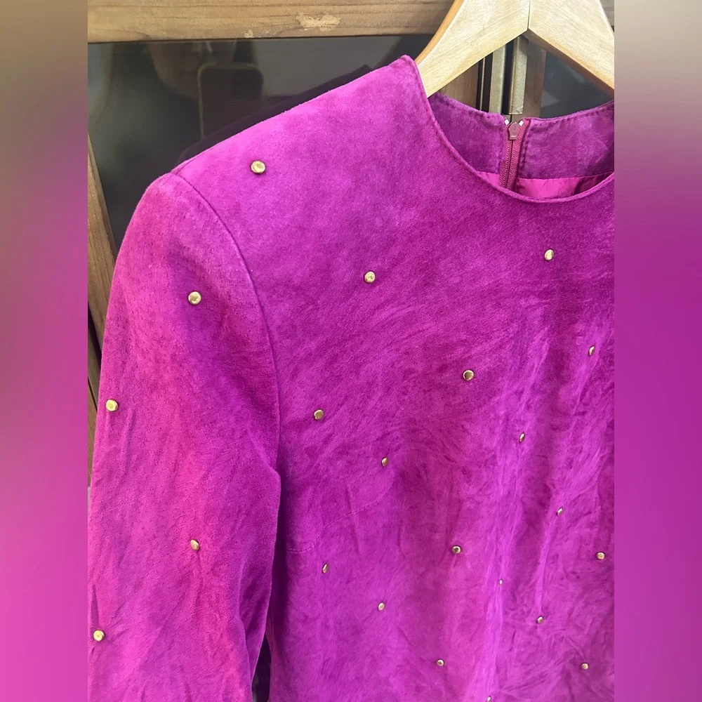 Vintage Daniel Leather Long Sleeve Fuchsia Suede Shift Dress with Stud Detail - Picture 5 of 13